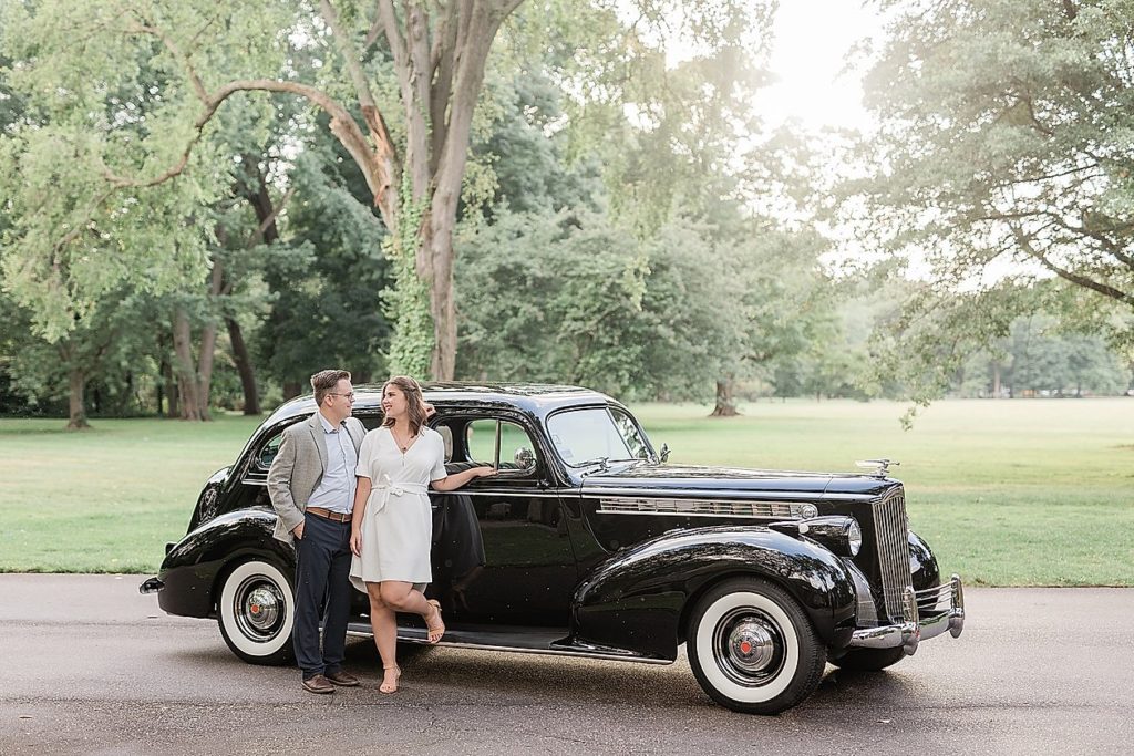 Grosse Pointe Shores | Kimberlee and Nathan Edsel and Eleanor Ford House Engagement by photographer Morgan Diane with classic Packard